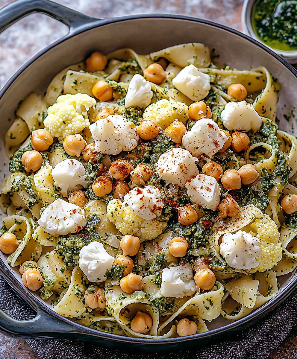 Cauliflower Chickpea Pesto Pasta