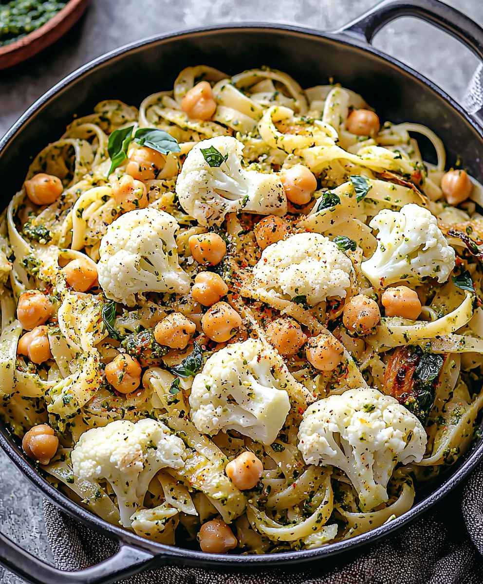 Cauliflower Chickpea Pesto Pasta