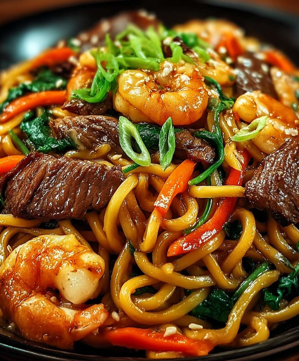Steak shrimp stir fried noodles