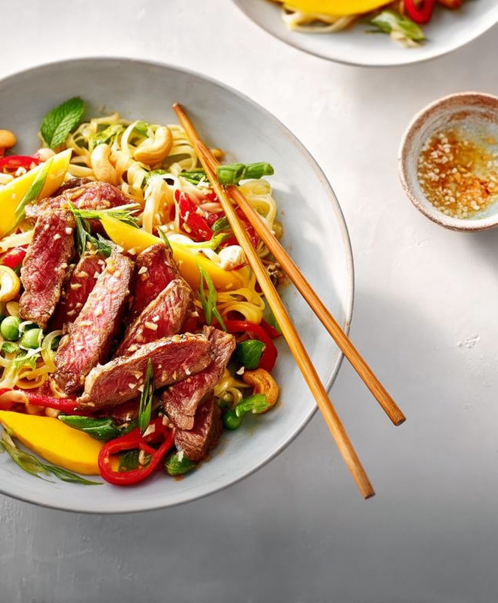 Beef mango cashew noodles
