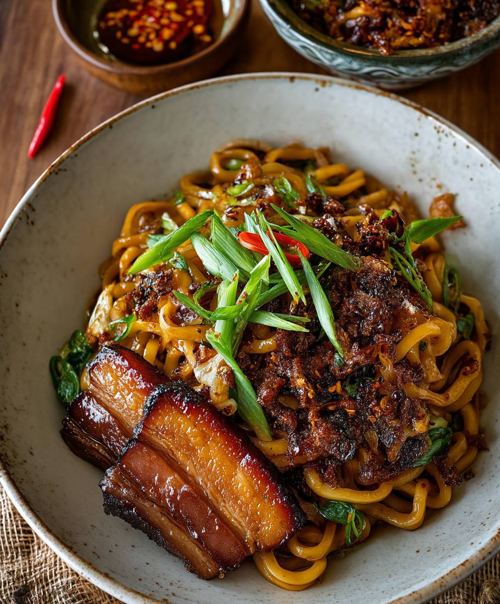 Chili crisp noodles pork belly