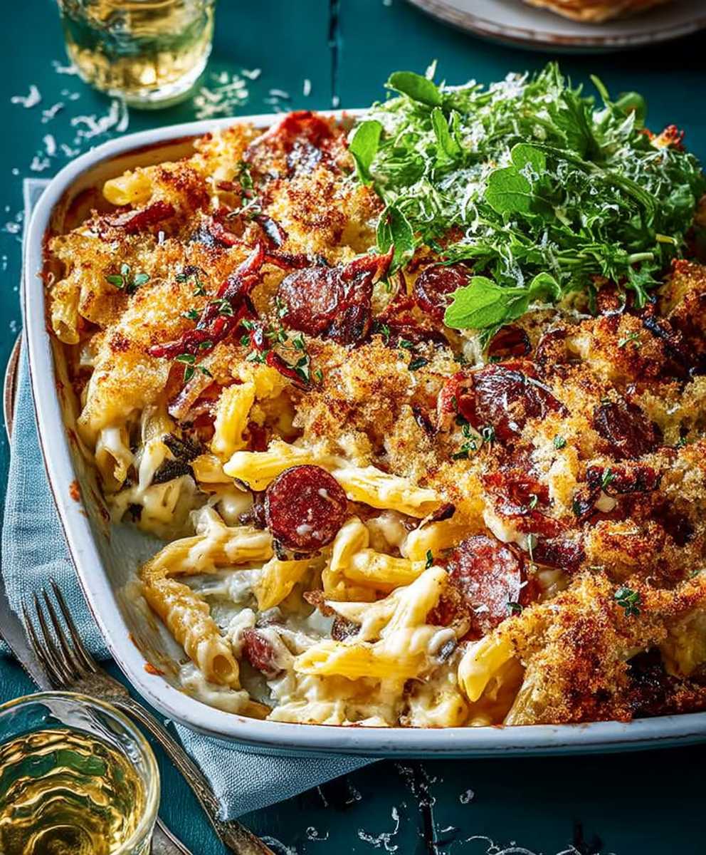 Sausage salami chestnut pasta bake