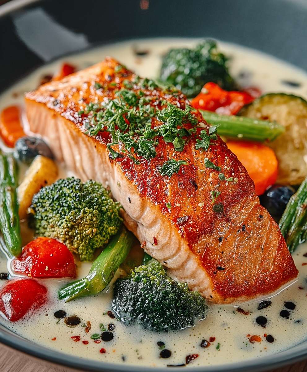 Cremiger Kokos Lachs Gemüsepfanne