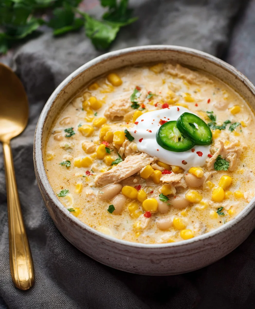Easy Crockpot White Chicken Chili with Sweet Corn & Jack