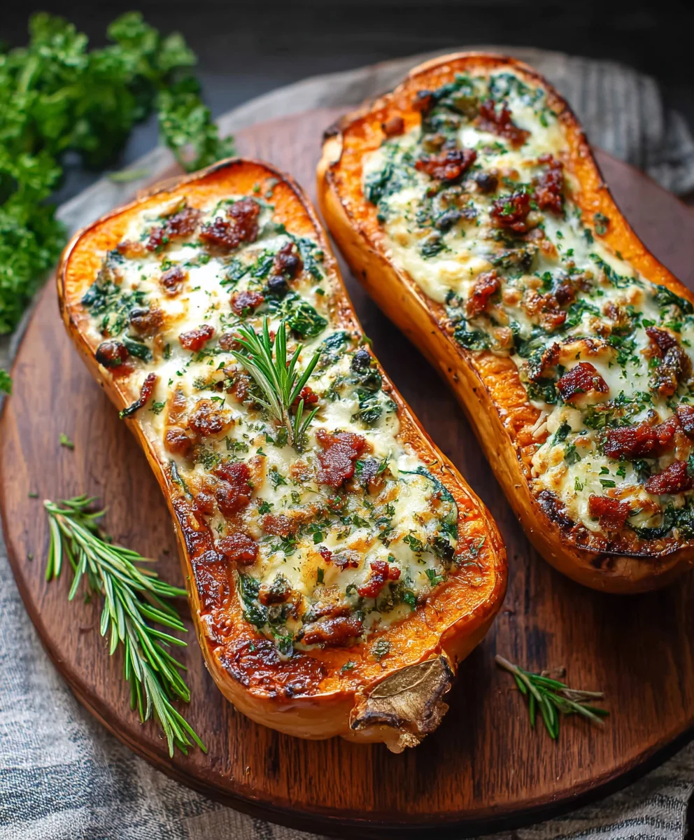 Stuffed Butternut Squash With Spinach Beef Bacon And Cheese