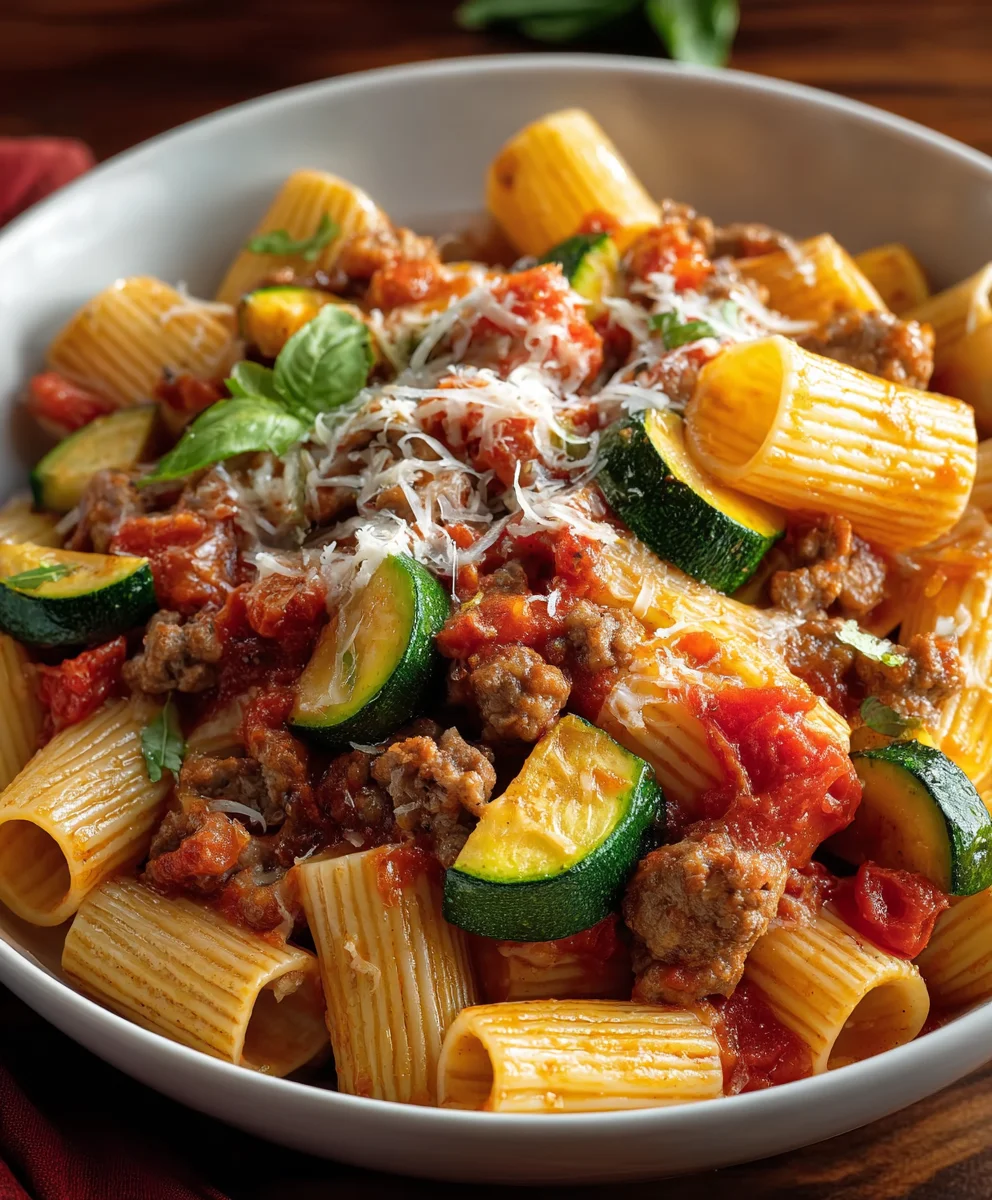 Flavorful Rigatoni with Beef Sausage, Zucchini & Tomatoes