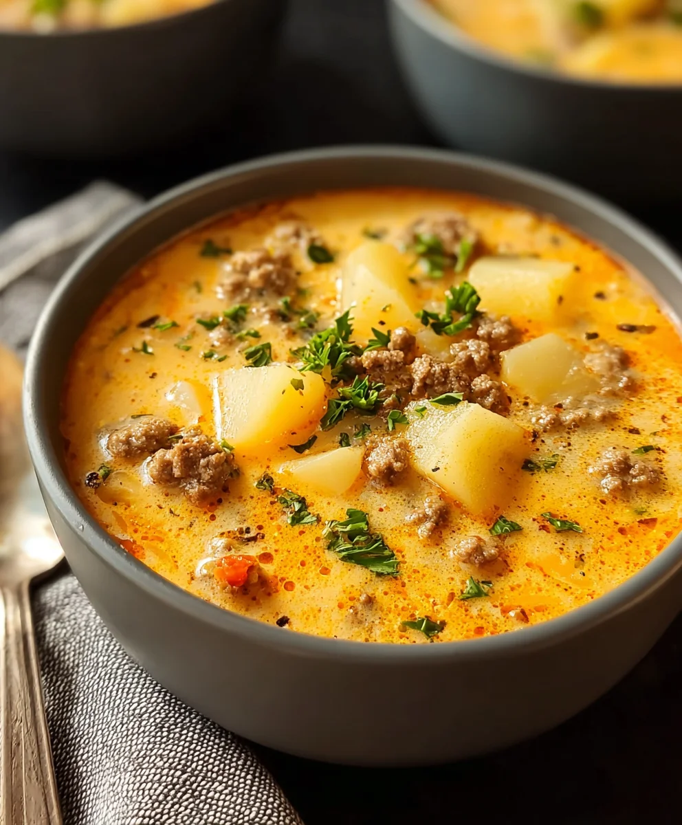 Creamy Cheesy Beef Hamburger Potato Soup – Delicious & Simple