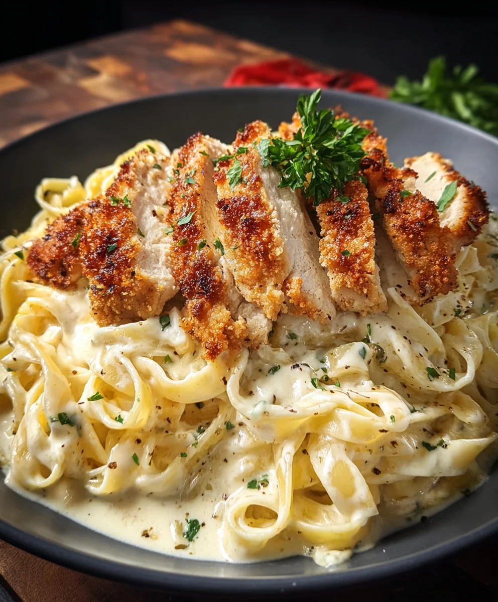 Crispy Chicken Fettuccine Alfredo-Creamy Pasta Delight