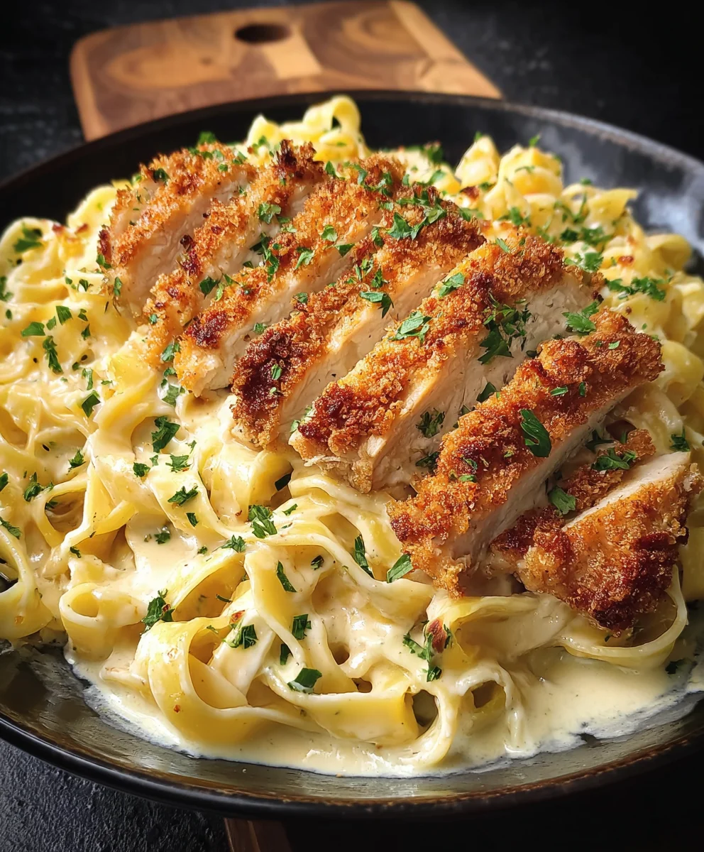 Crispy Chicken Fettuccine Alfredo-Creamy Pasta Delight