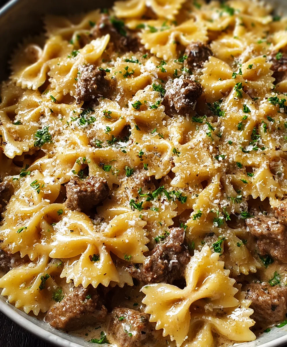 Creamy Beef Garlic Bowtie Pasta-Easy Weeknight Dinner