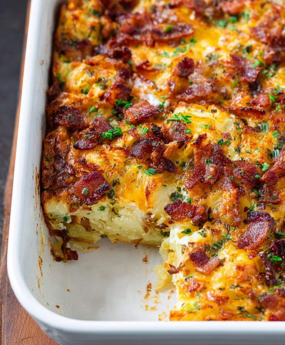 Cheesy Beef Bacon Potato Breakfast Casserole Delight