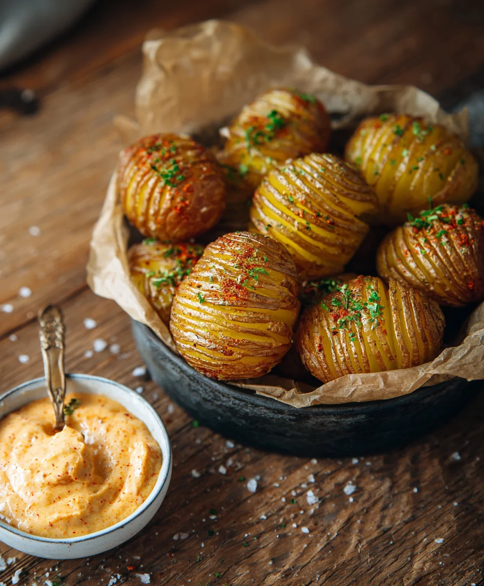 Salt Pepper Mini Hasselback Potatoes Cajun Dip