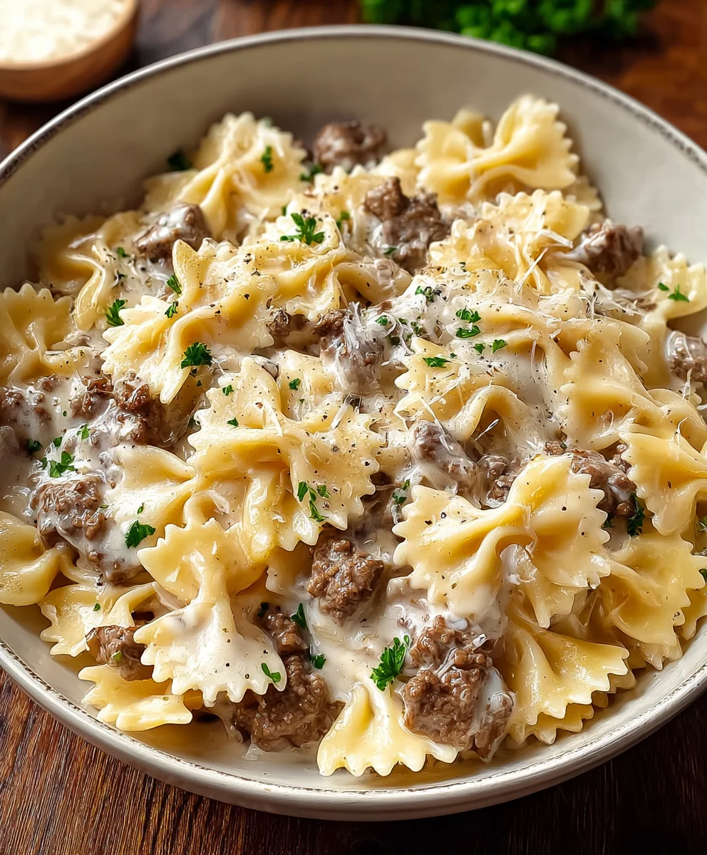 Beef Bowtie Pasta Alfredo - Creamy & Delicious Meal