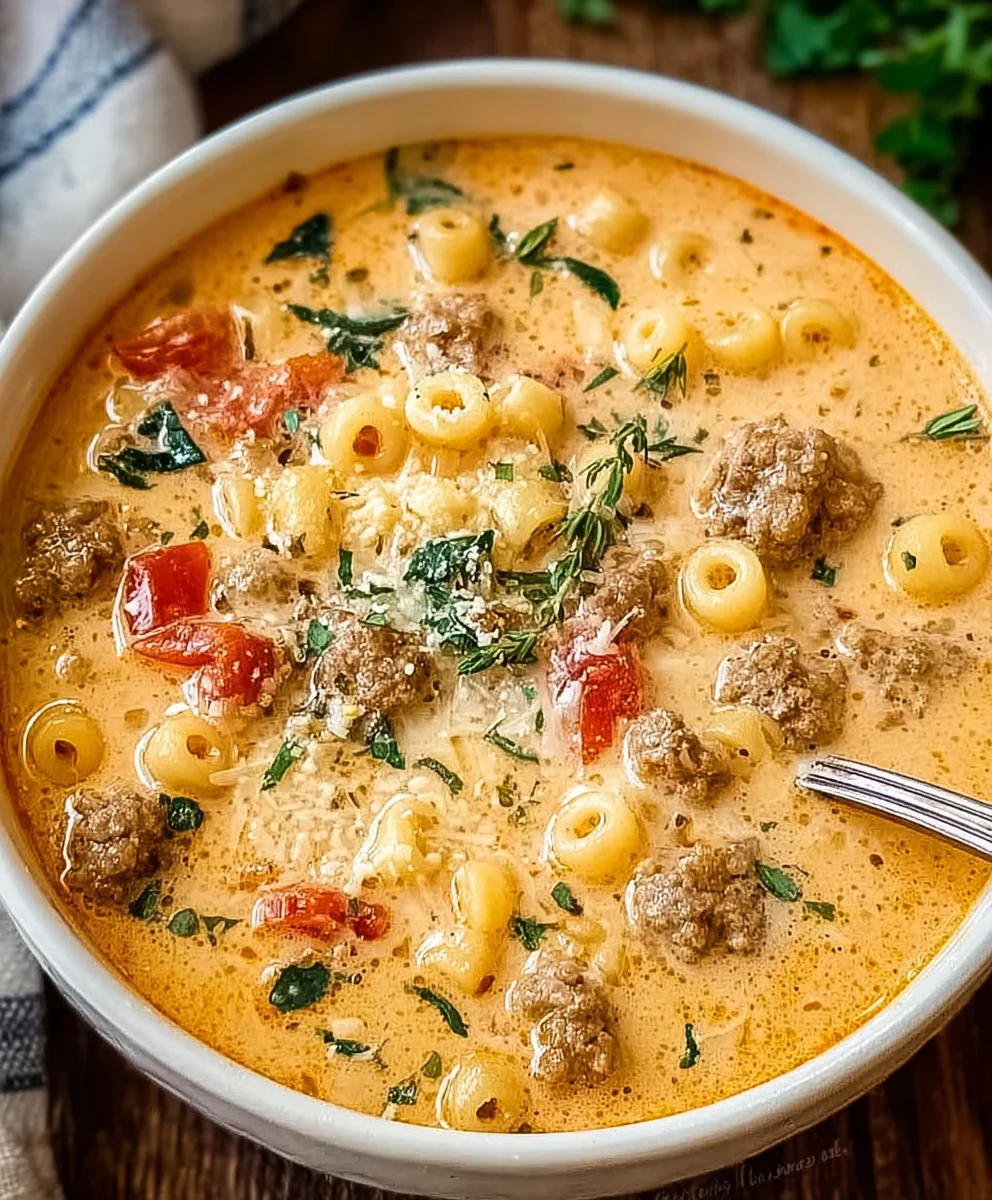 Creamy Parmesan Beef Sausage Ditalini Soup
