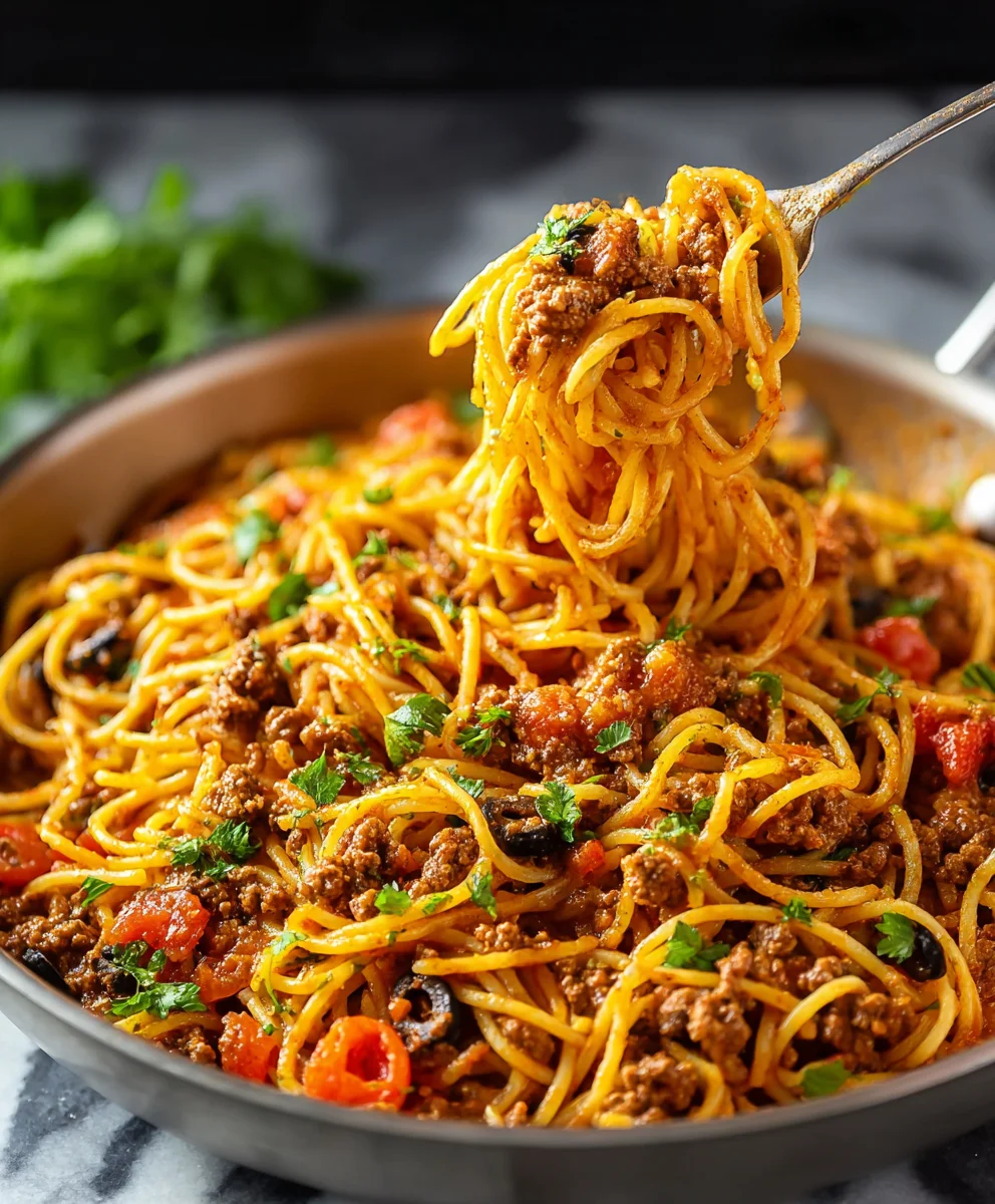 Easy Beef Taco Spaghetti Dinner-One Pan Delight