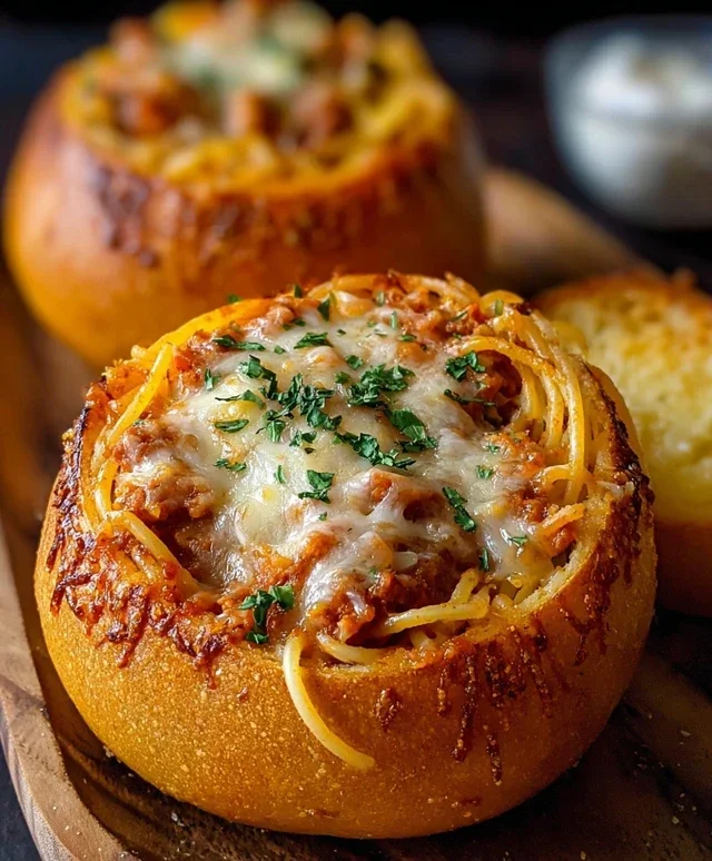 Spaghetti Garlic Bread Bowls