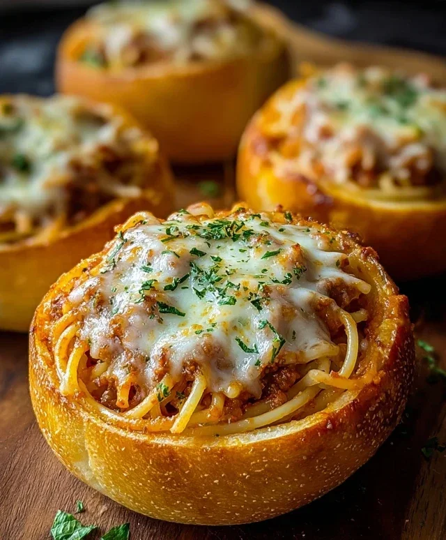 Spaghetti Garlic Bread Bowls