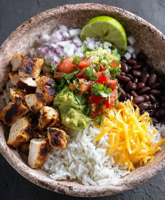Grilled Chicken Burrito Bowl with Rice and Beans