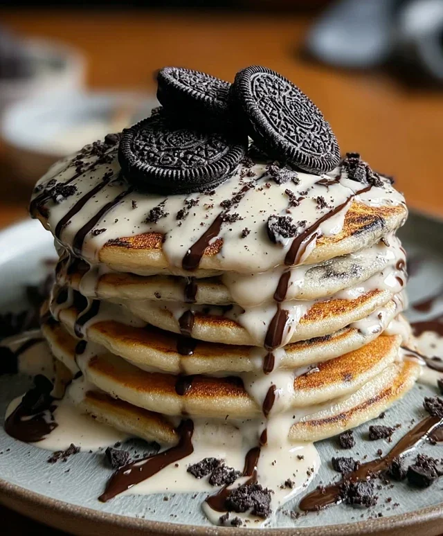 Oreo Pancakes with Cream Cheese Drizzle