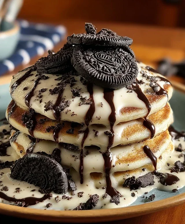 Oreo Pancakes with Cream Cheese Drizzle